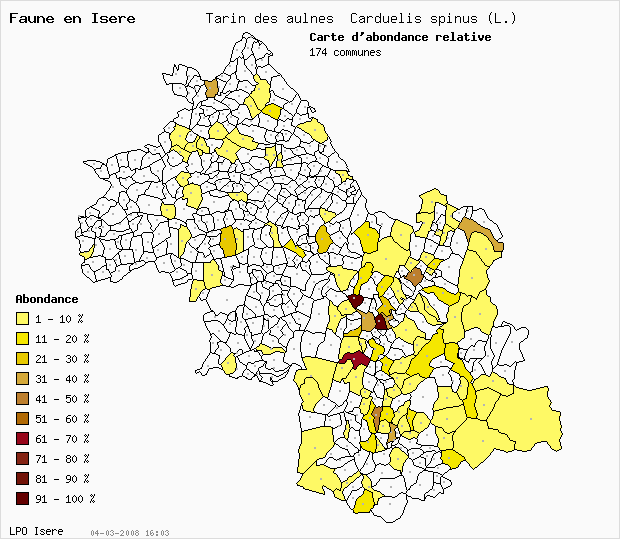 Carte Abondance: Tarin des aulnes Carduelis spinus (L.) en Isre