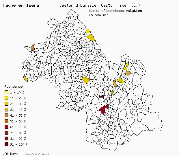 Carte Abondance: Castor d Eurasie Castor fiber (L.) en Isre