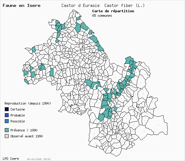 Carte Reproduction: Castor d Eurasie Castor fiber (L.) en Isre