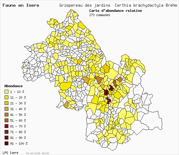 Carte Abondance: Grimpereau des jardins Certhia brachydactyla Brehm en Isre