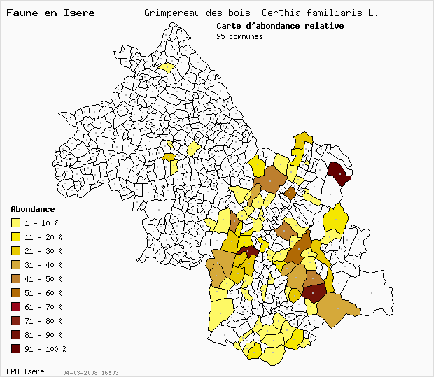 Carte Abondance: Grimpereau des bois Certhia familiaris L. en Isre