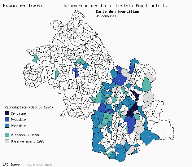 Carte Reproduction: Grimpereau des bois Certhia familiaris L. en Isre
