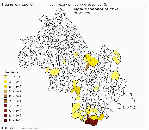 Carte Abondance: Cerf laphe Cervus elaphus (L.) en Isre