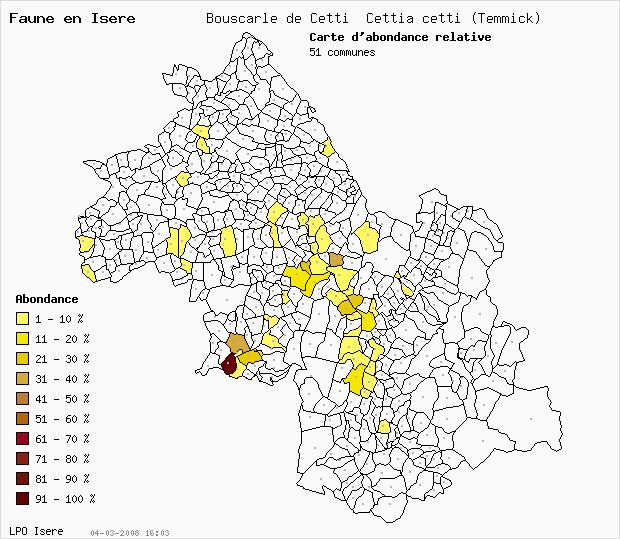 Carte Abondance: Bouscarle de Cetti Cettia cetti (Temmick) en Isre