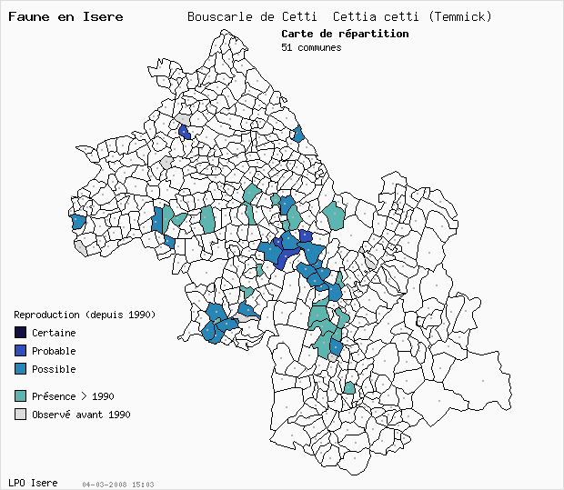 Carte Reproduction: Bouscarle de Cetti Cettia cetti (Temmick) en Isre
