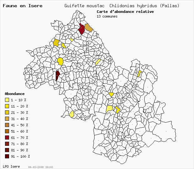 Carte Abondance: Guifette moustac Chlidonias hybridus (Pallas) en Isre