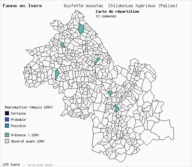 Carte Reproduction: Guifette moustac Chlidonias hybridus (Pallas) en Isre