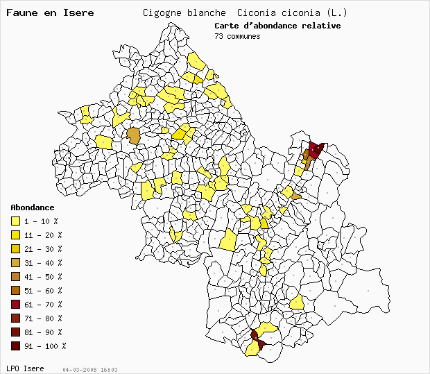 Carte Abondance: Cigogne blanche Ciconia ciconia (L.) en Isre