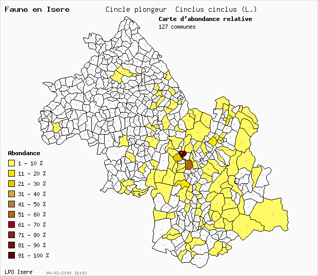 Carte Abondance: Cincle plongeur Cinclus cinclus (L.) en Isre