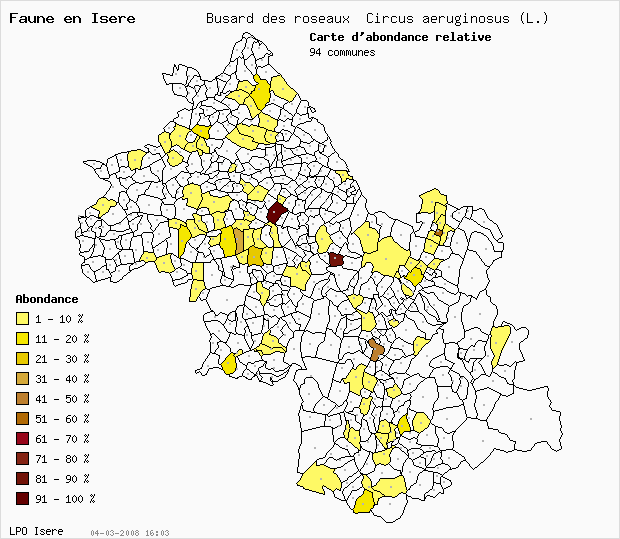 Carte Abondance: Busard des roseaux Circus aeruginosus (L.) en Isre