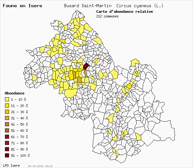 Carte Abondance: Busard Saint-Martin Circus cyaneus (L.) en Isre