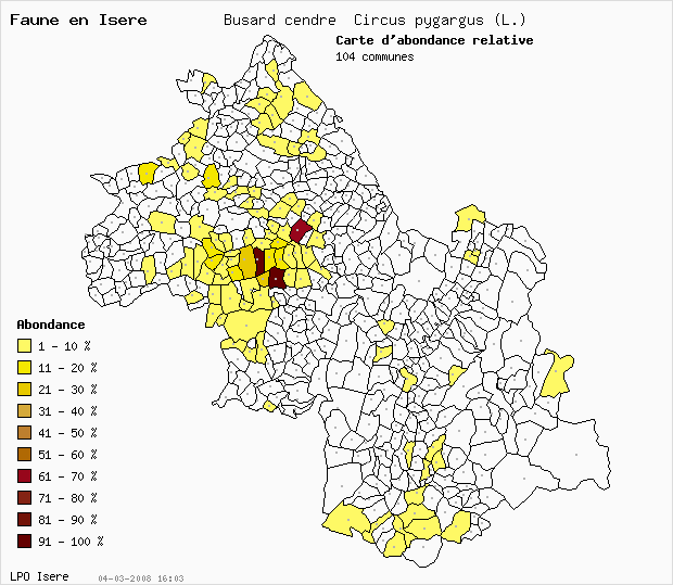 Carte Abondance: Busard cendr Circus pygargus (L.) en Isre