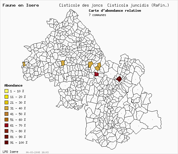 Carte Abondance: Cisticole des joncs Cisticola juncidis (Rafin.) en Isre