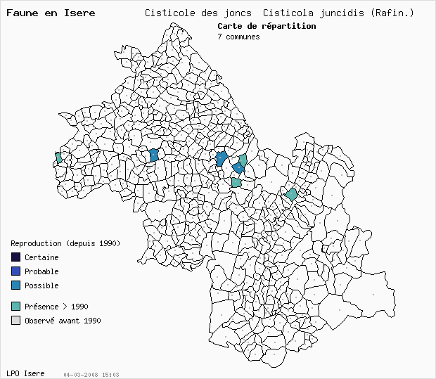 Carte Reproduction: Cisticole des joncs Cisticola juncidis (Rafin.) en Isre