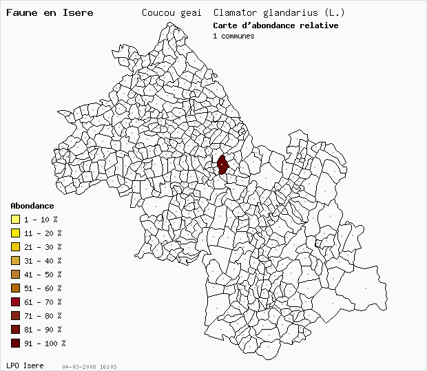 Carte Abondance: Coucou geai Clamator glandarius (L.) en Isre