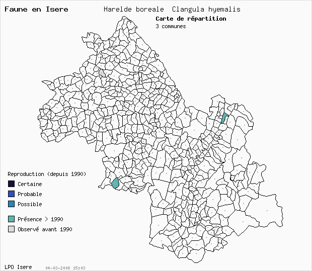Carte Reproduction: Harelde borale Clangula hyemalis en Isre