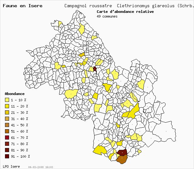 Carte Abondance: Campagnol rousstre Clethrionomys glareolus (Schrb.) en Isre
