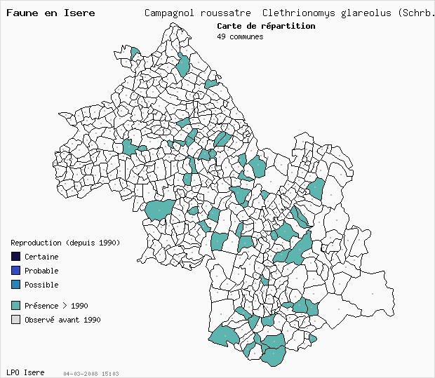 Carte Reproduction: Campagnol rousstre Clethrionomys glareolus (Schrb.) en Isre