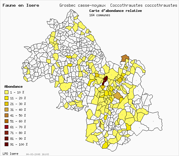 Carte Abondance: Grosbec casse-noyaux Coccothraustes coccothraustes (L.) en Isre