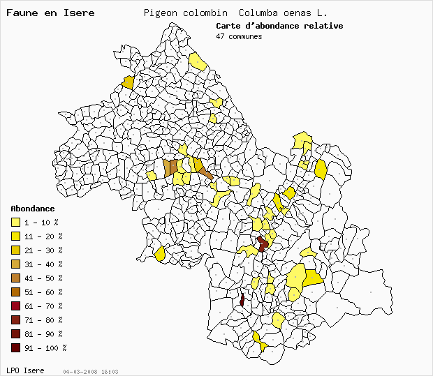 Carte Abondance: Pigeon colombin Columba oenas L. en Isre