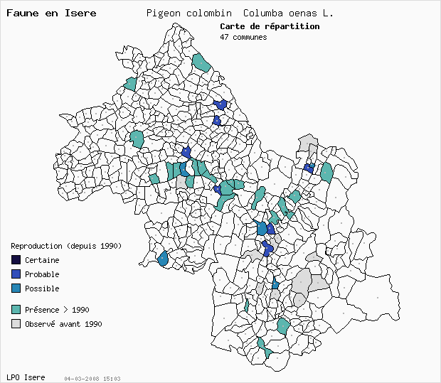 Carte Reproduction: Pigeon colombin Columba oenas L. en Isre