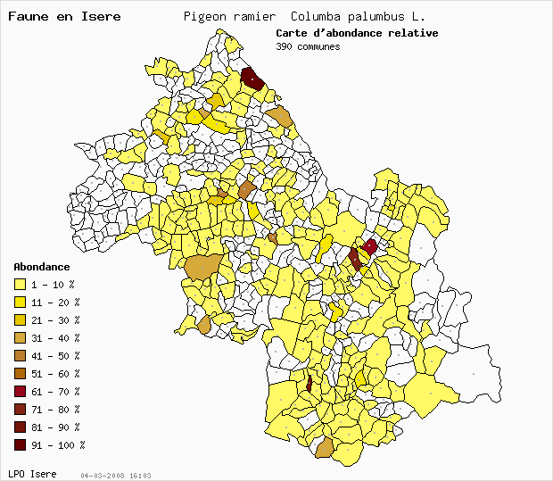 Carte Abondance: Pigeon ramier Columba palumbus L. en Isre