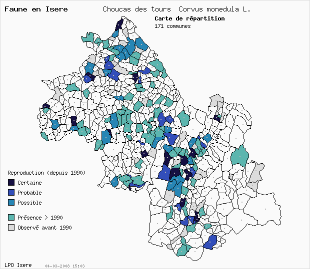 Carte Reproduction: Choucas des tours Corvus monedula L. en Isre