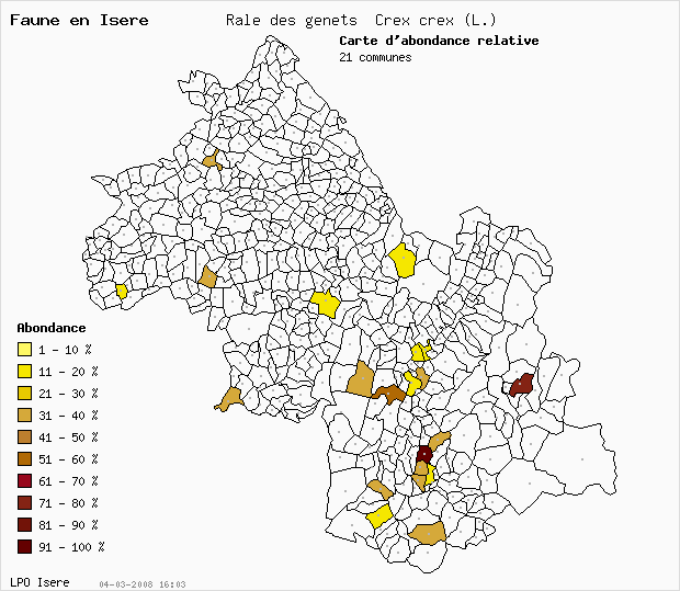 Carte Abondance: Rle des gents Crex crex (L.) en Isre
