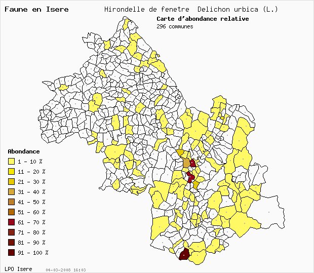 Carte Abondance: Hirondelle de fentre Delichon urbica (L.) en Isre