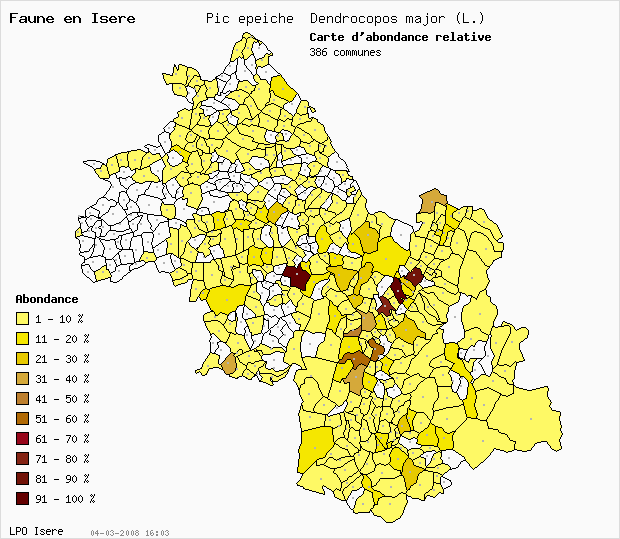 Carte Abondance: Pic peiche Dendrocopos major (L.) en Isre