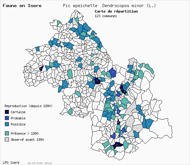 Carte Reproduction: Pic peichette Dendrocopos minor (L.) en Isre