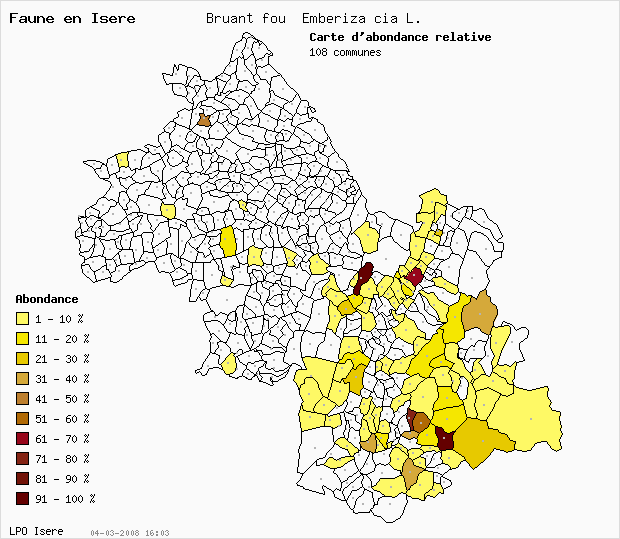 Carte Abondance: Bruant fou Emberiza cia L. en Isre