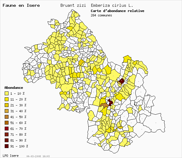 Carte Abondance: Bruant zizi Emberiza cirlus L. en Isre