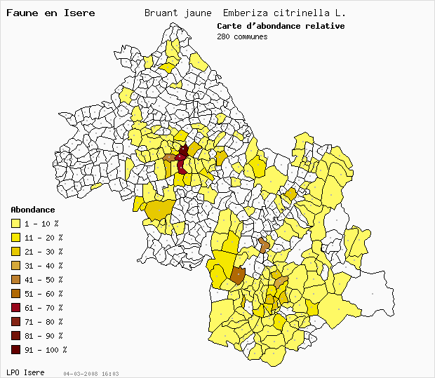 Carte Abondance: Bruant jaune Emberiza citrinella L. en Isre