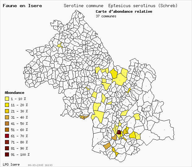 Carte Abondance: Srotine commune Eptesicus serotinus (Schreb) en Isre