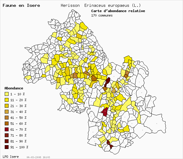 Carte Abondance: Hrisson Erinaceus europaeus (L.) en Isre