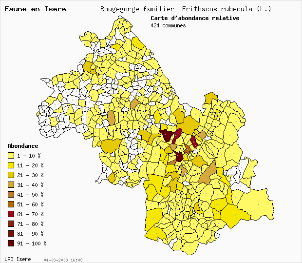 Carte Abondance: Rougegorge familier Erithacus rubecula (L.) en Isre