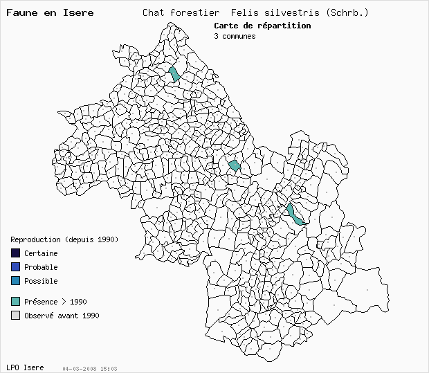 Carte Reproduction: Chat forestier Felis silvestris (Schrb.) en Isre
