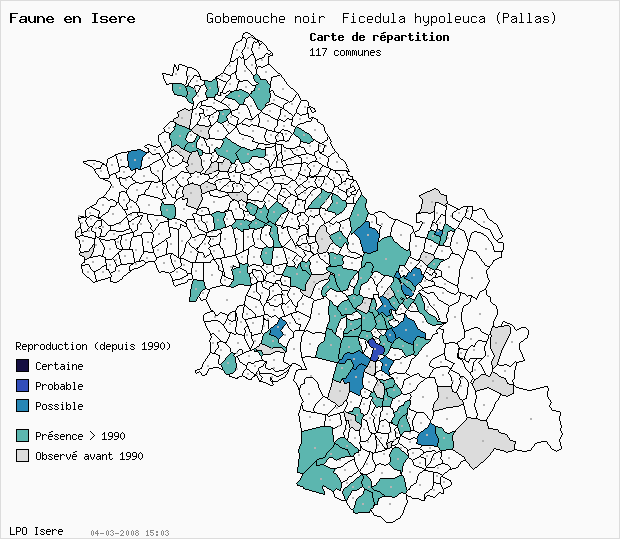 Carte Reproduction: Gobemouche noir Ficedula hypoleuca (Pallas) en Isre