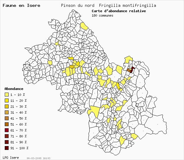 Carte Abondance: Pinson du nord Fringilla montifringilla en Isre