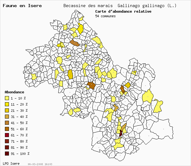 Carte Abondance: Bcassine des marais Gallinago gallinago (L.) en Isre
