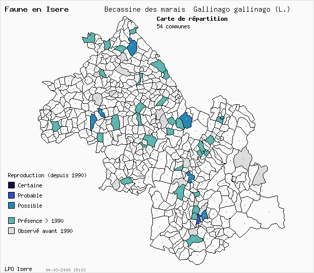 Carte Reproduction: Bcassine des marais Gallinago gallinago (L.) en Isre