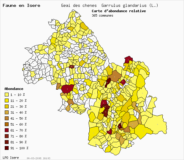 Carte Abondance: Geai des chnes Garrulus glandarius (L.) en Isre