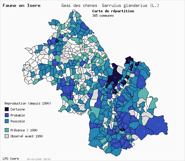 Carte Reproduction: Geai des chnes Garrulus glandarius (L.) en Isre