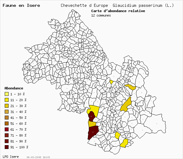 Carte Abondance: Chevchette d Europe Glaucidium passerinum (L.) en Isre