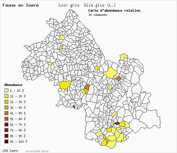 Carte Abondance: Loir gris Glis glis (L.) en Isre