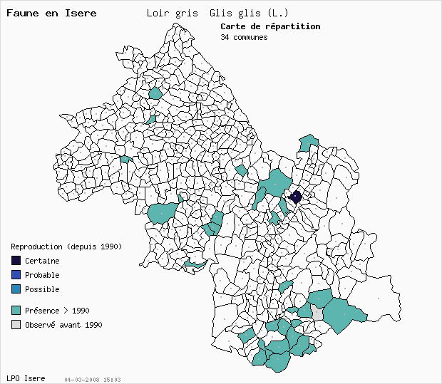 Carte Reproduction: Loir gris Glis glis (L.) en Isre