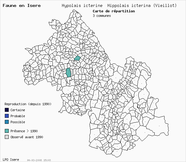 Carte Reproduction: Hypolas ictrine Hippolais icterina (Vieillot) en Isre