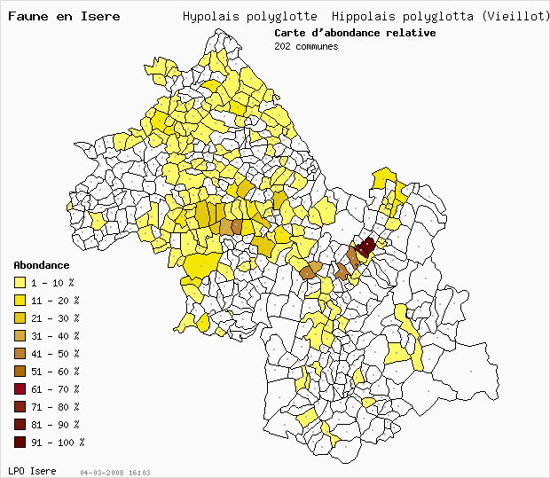 Carte Abondance: Hypolas polyglotte Hippolais polyglotta (Vieillot) en Isre