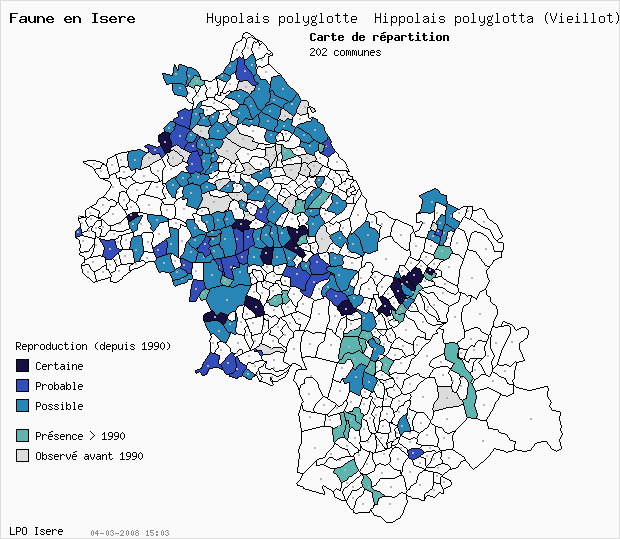 Carte Reproduction: Hypolas polyglotte Hippolais polyglotta (Vieillot) en Isre